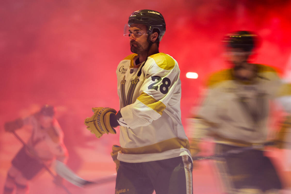 Golden Knights left wing William Carrier (28) takes the ice before an NHL hockey game against t ...