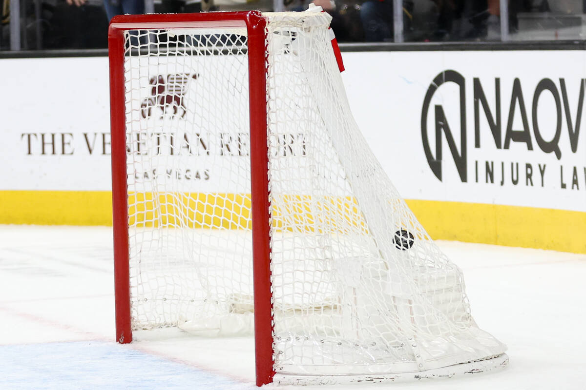 Golden Knights center Chandler Stephenson, out of frame, scores an empty net goal during the th ...