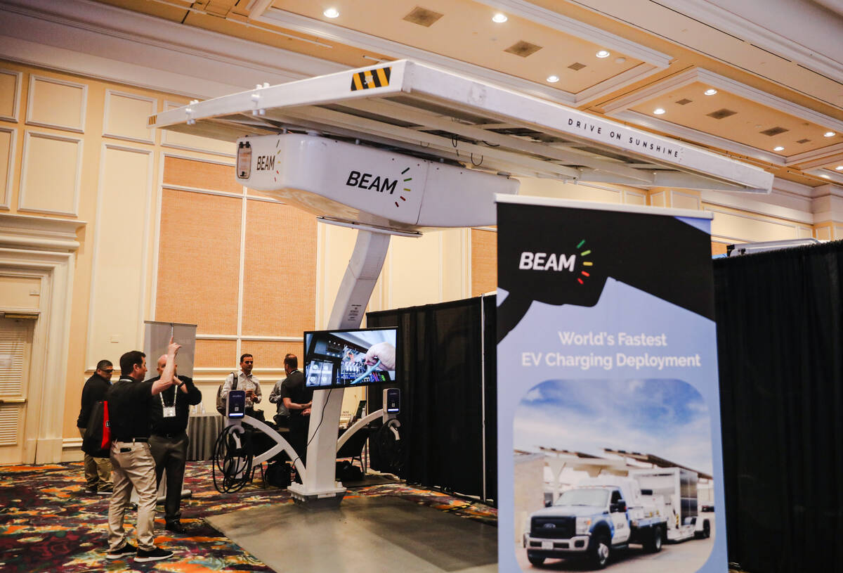 An EV ARC, a renewable off-grid electrical vehicle charging station from Beam, on display at th ...