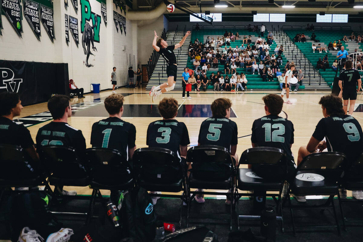 Palo Verde outside hitter Cole Manning serves an ace during a volleyball match against Foothill ...