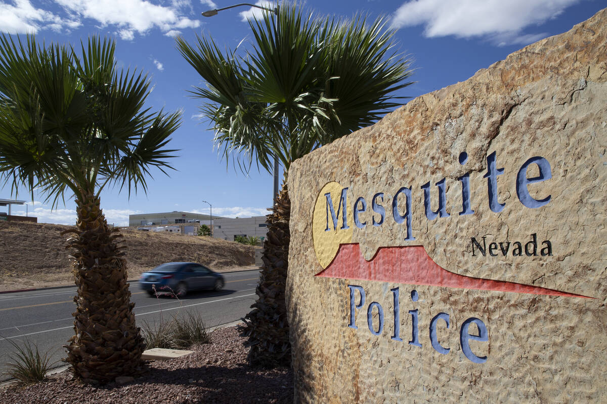 A vehicle passes the Mesquite Police Department on Wednesday, June 2, 2021. (Ellen Schmidt/Las ...