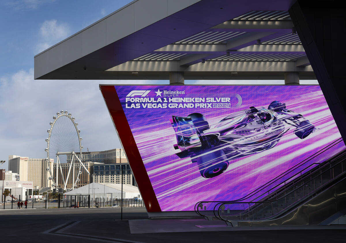 The Grand Prix Plaza entrance is seen, on Friday, March 22, 2024, in Las Vegas. (Bizuayehu Tesf ...