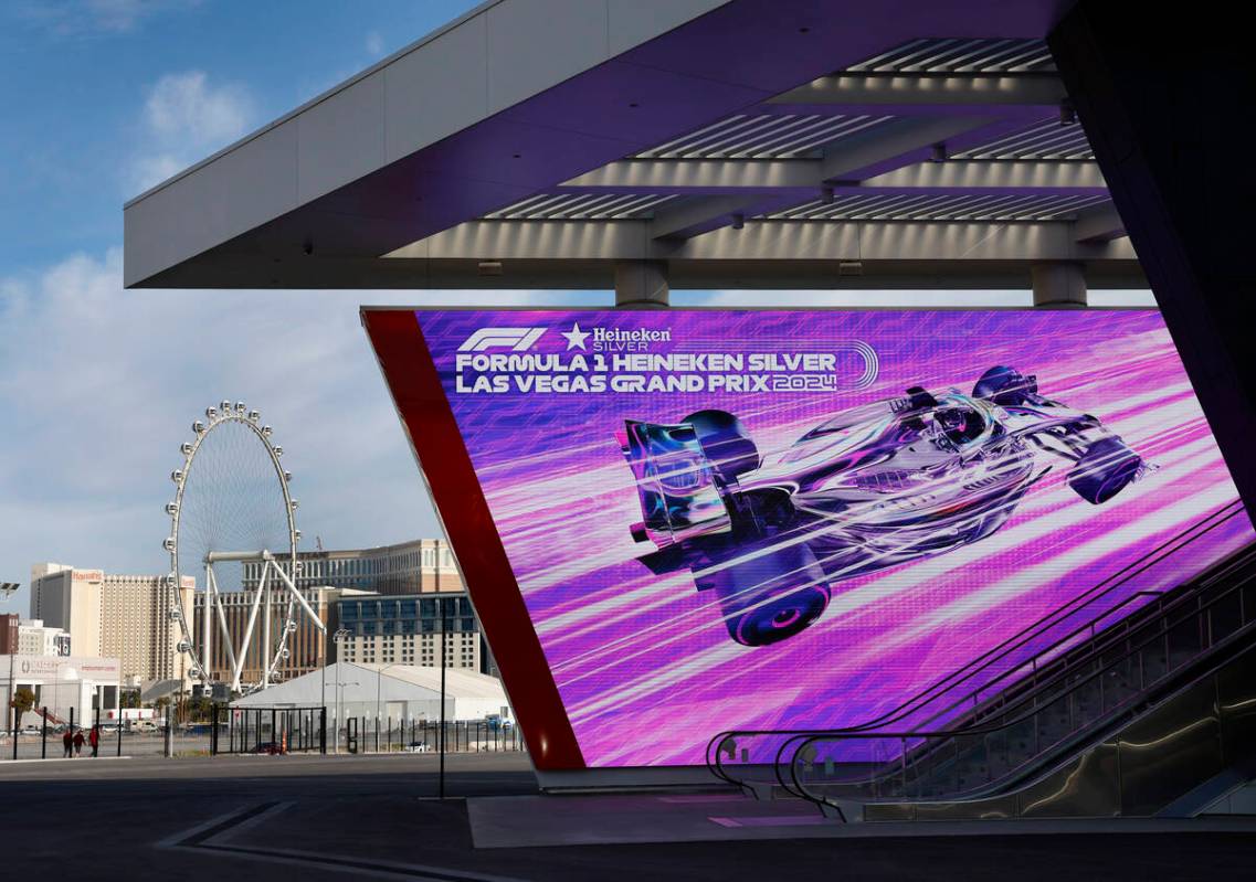 The Grand Prix Plaza entrance is seen, on Friday, March 22, 2024, in Las Vegas. (Bizuayehu Tesf ...