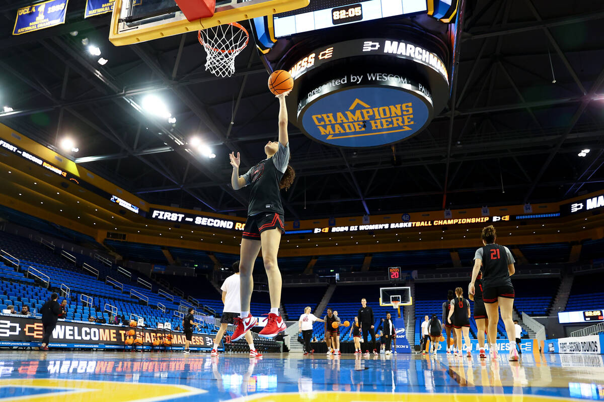 UNLV Lady Rebels guard Kiara Jackson shoots during practice at UCLA’s Pauley Pavilion on ...