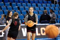 UNLV Lady Rebels guard Kiara Jackson shoots during practice at UCLA’s Pauley Pavilion on ...