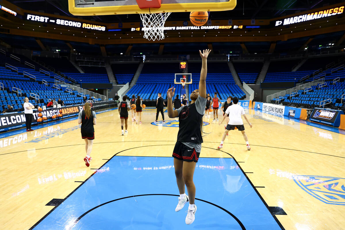 UNLV Lady Rebels guard Amarachi Kimpson shoots during practice at UCLA’s Pauley Pavilion ...