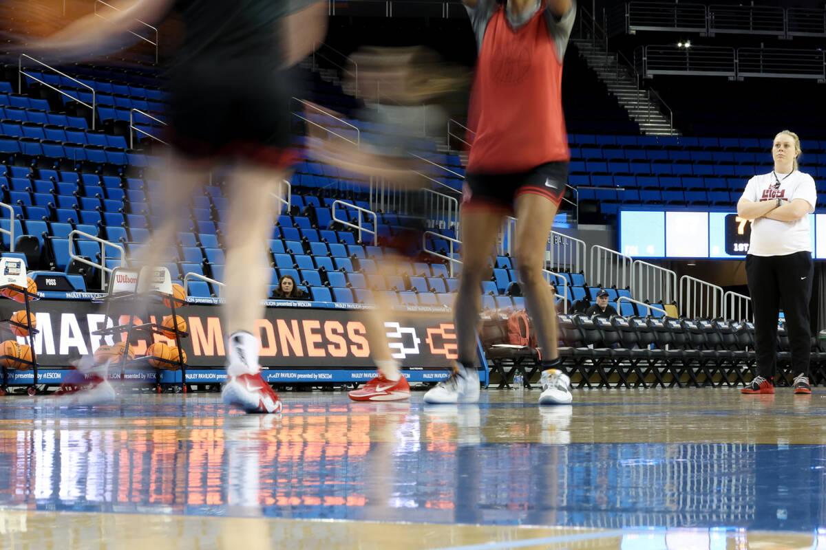 UNLV Lady Rebels head coach Lindy La Rocque presides over practice at UCLA’s Pauley Pavi ...