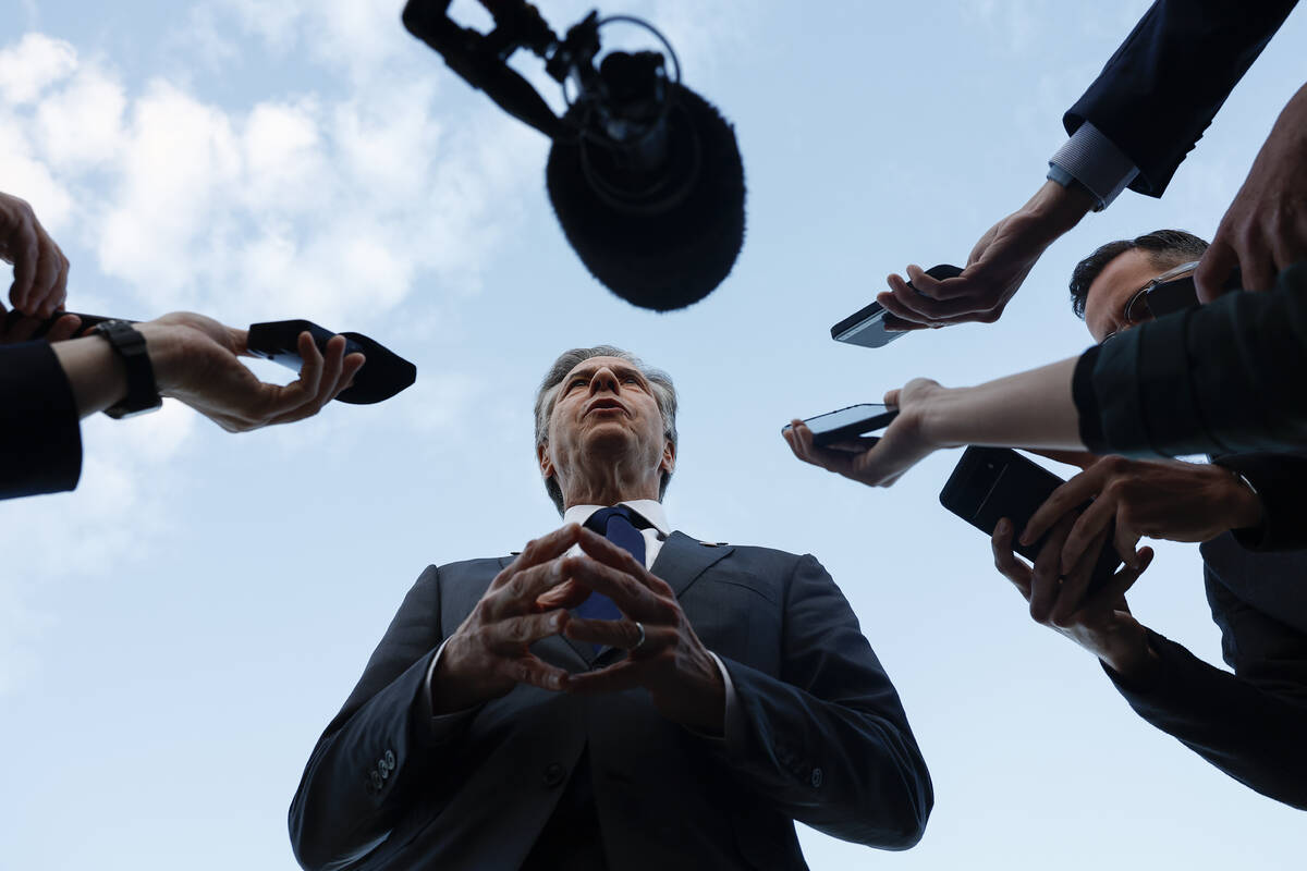 U.S. Secretary of State Antony Blinken speaks to the media before departing at Ben Gurion Inter ...