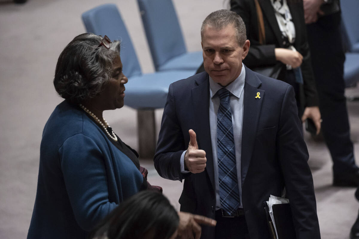 Gilad Erdan, Permanent Representative of Israel to the United Nations, right, and Linda Thomas- ...