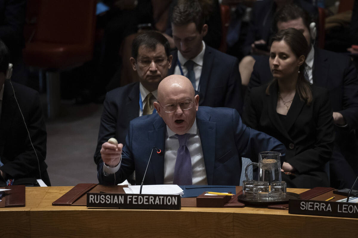 Vasily Nebenzya, Ambassador and Permanent Representative of Russia to the United Nations, speak ...