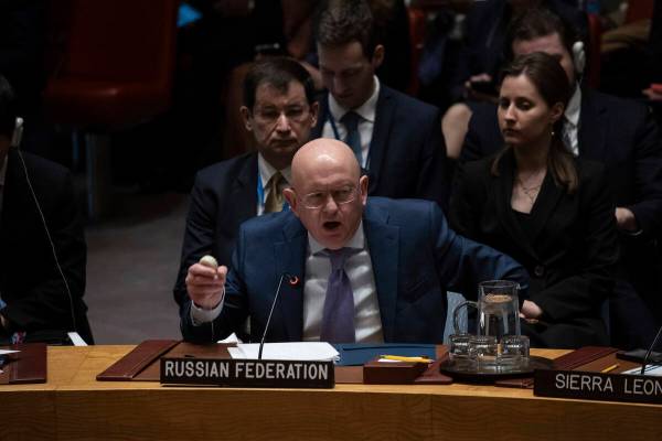 Vasily Nebenzya, Ambassador and Permanent Representative of Russia to the United Nations, speak ...
