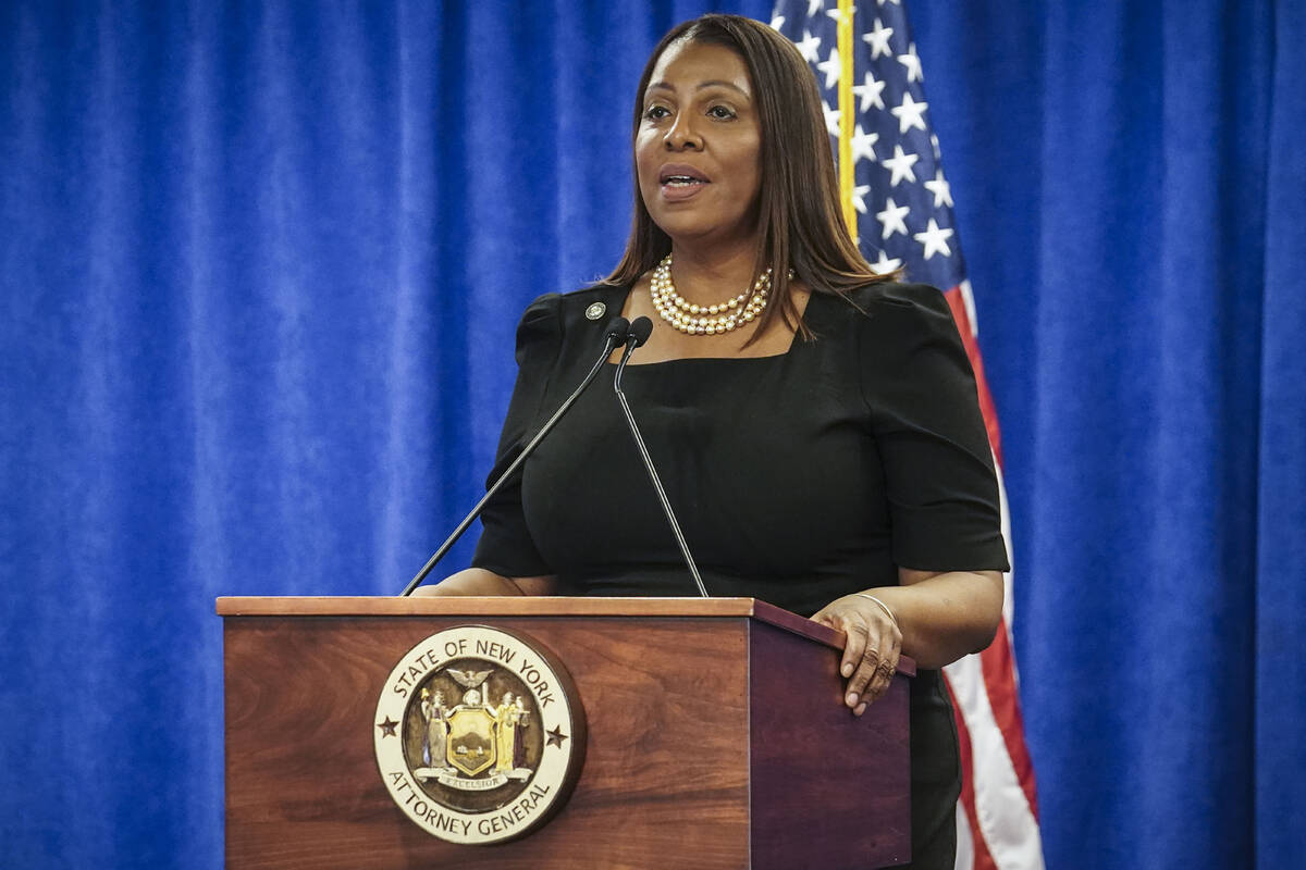 FILE - New York Attorney General Letitia James speaks Feb. 16, 2024, in New York. Donald Trump ...