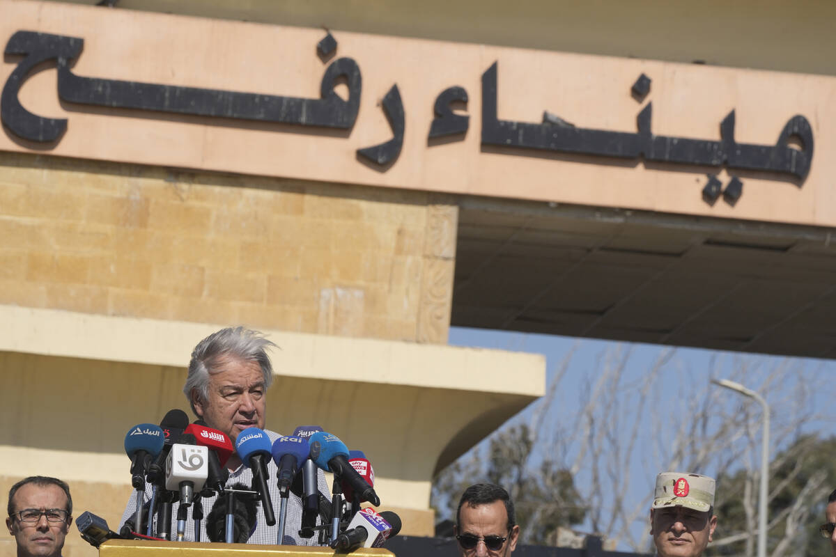 United Nations Secretary General Antonio Guterres speaks after his visit to the Rafah border cr ...
