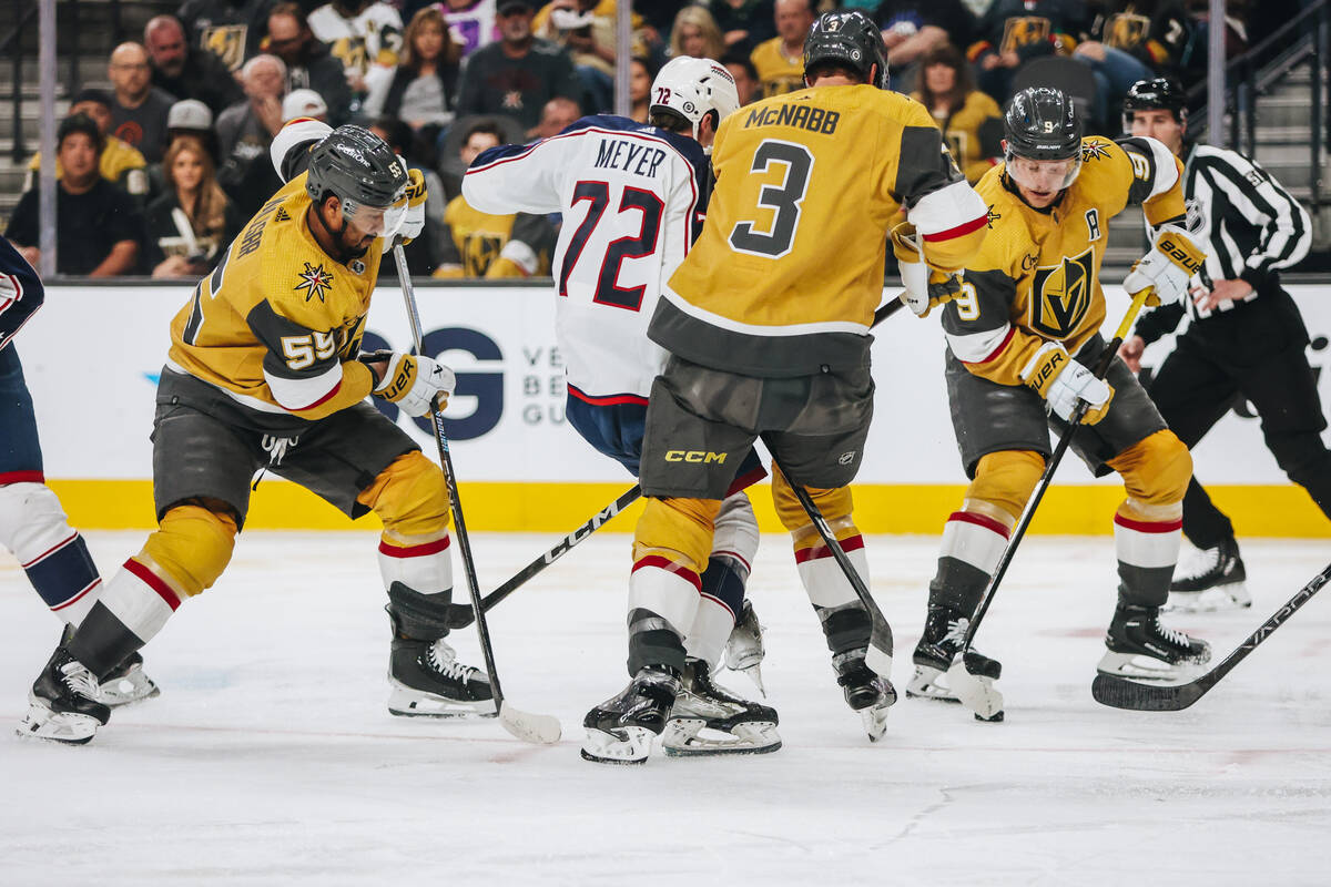 Golden Knights center Jack Eichel (9) takes possession of the puck during an NHL hockey game be ...