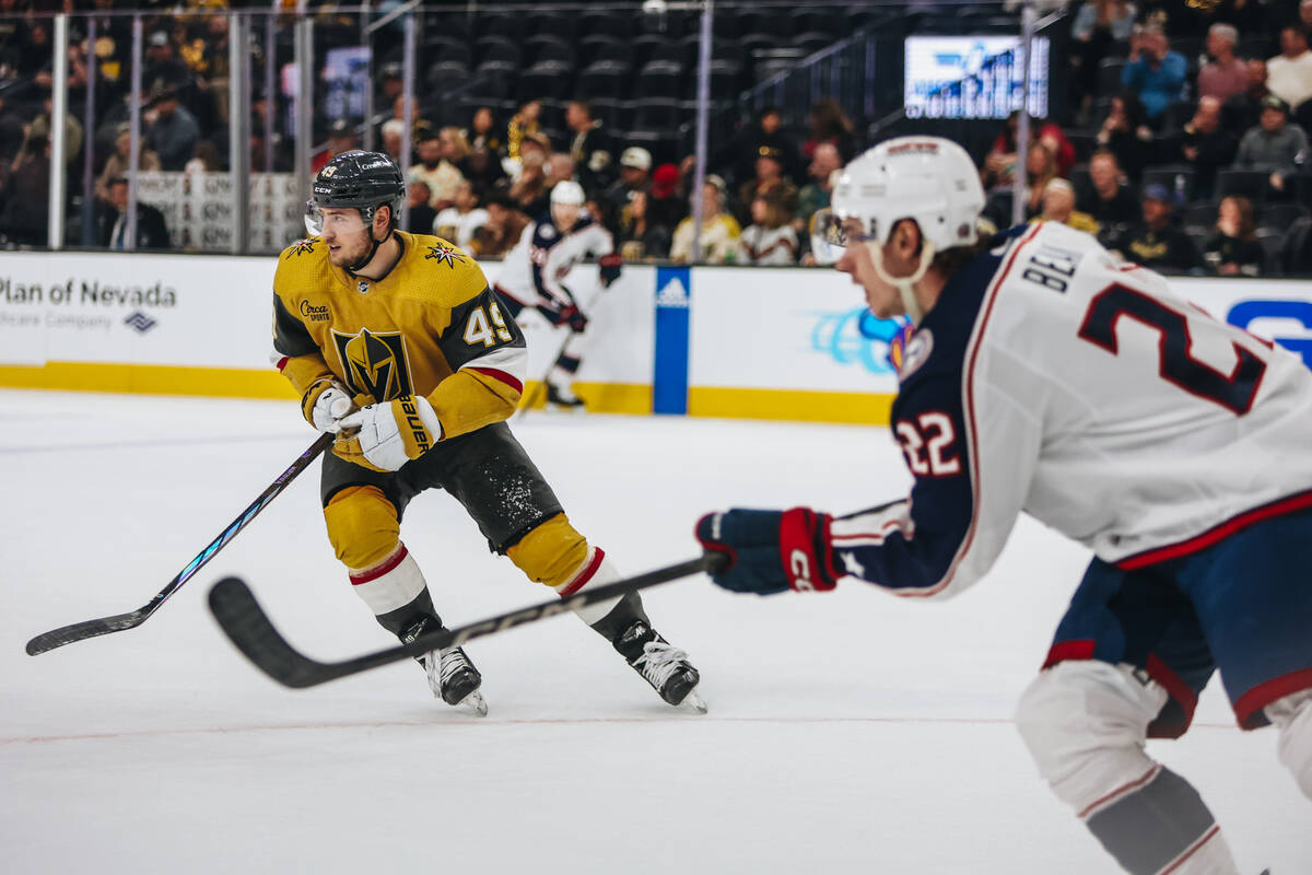 Golden Knights center Ivan Barbashev (49) skates back down the ice as the Columbus Blue Jackets ...