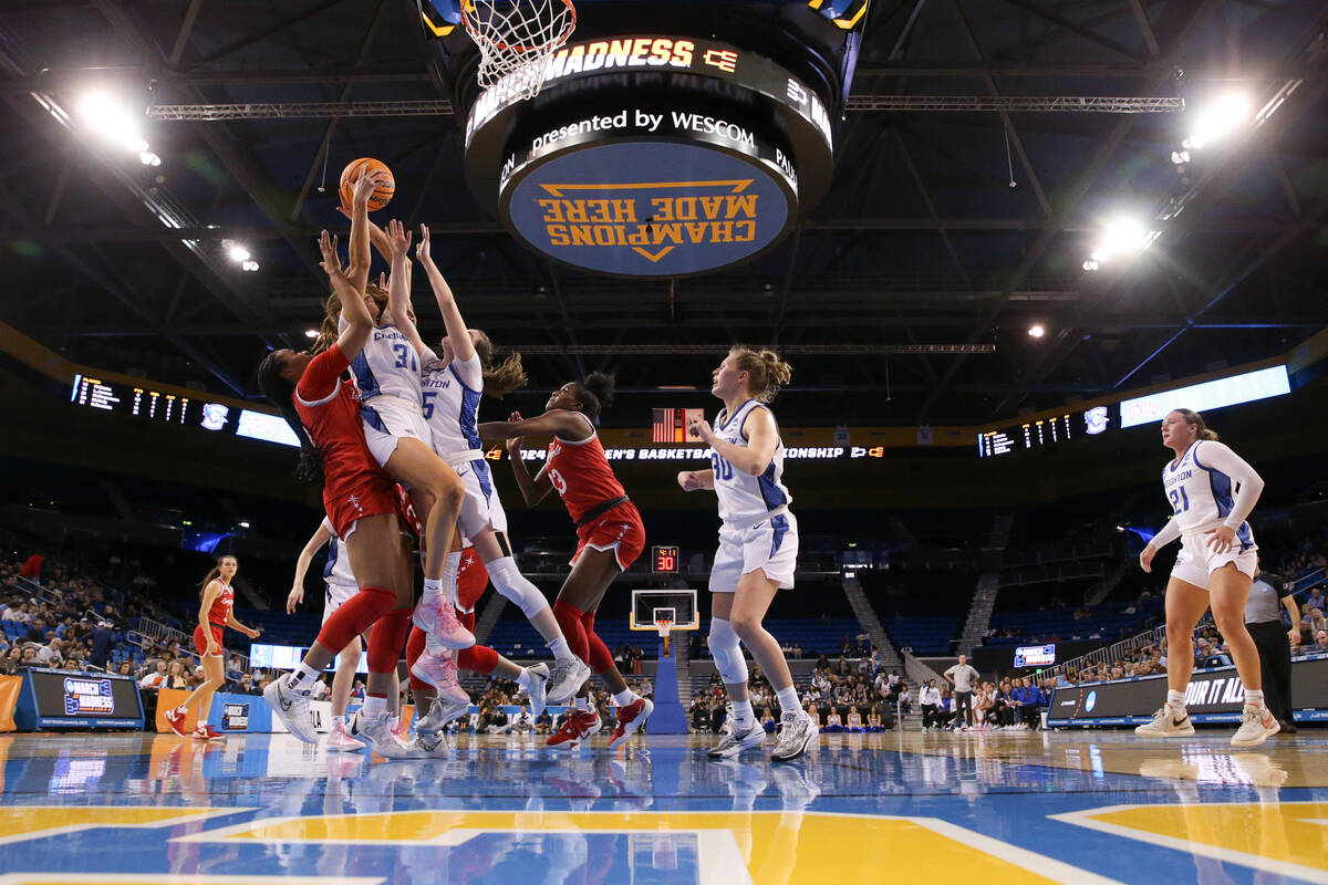 The Creighton Bluejays gain a rebound over the UNLV Lady Rebels during the second half of a fir ...