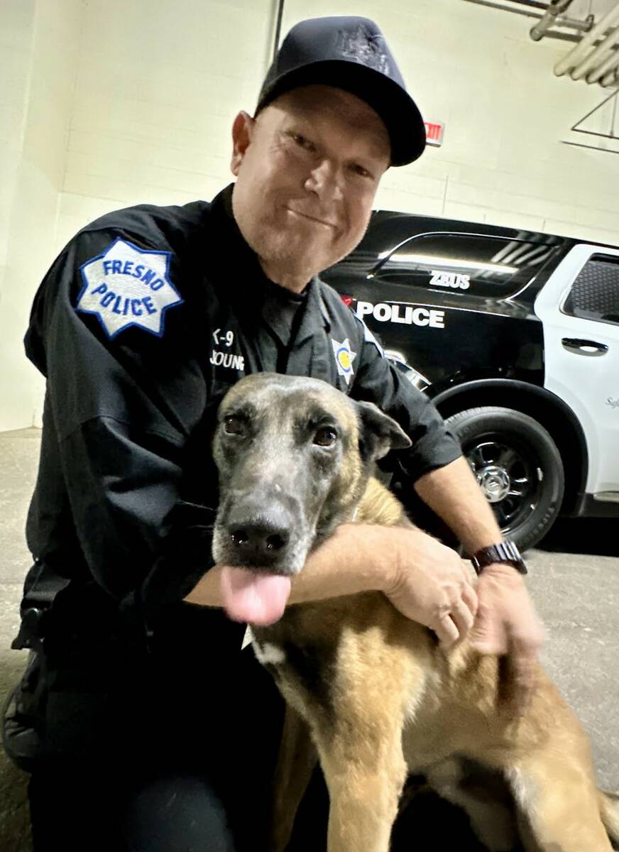 Fresno Police Department Officer Jim Young and Zeus, a 5-year-old Belgian Malinois, celebrate Z ...