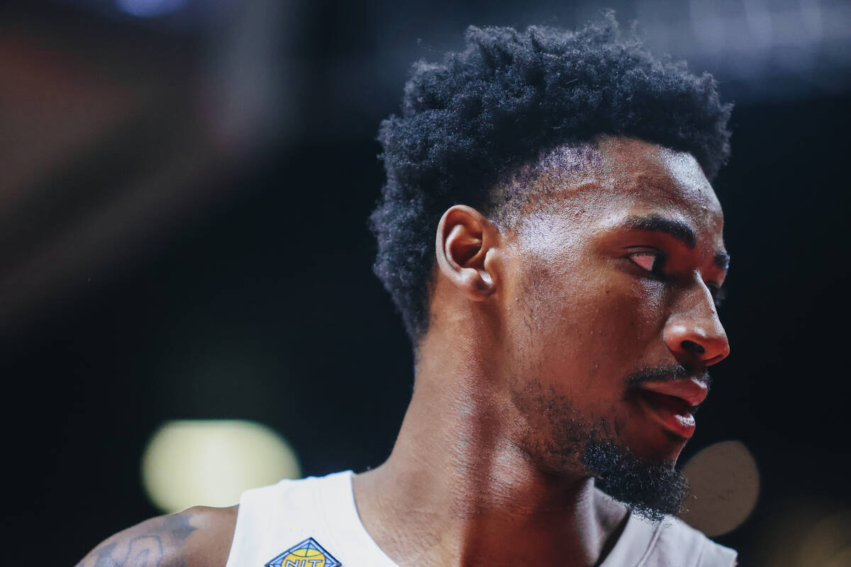 UNLV forward Kalib Boone (10) is seen during a time out during a second-round NIT game between ...