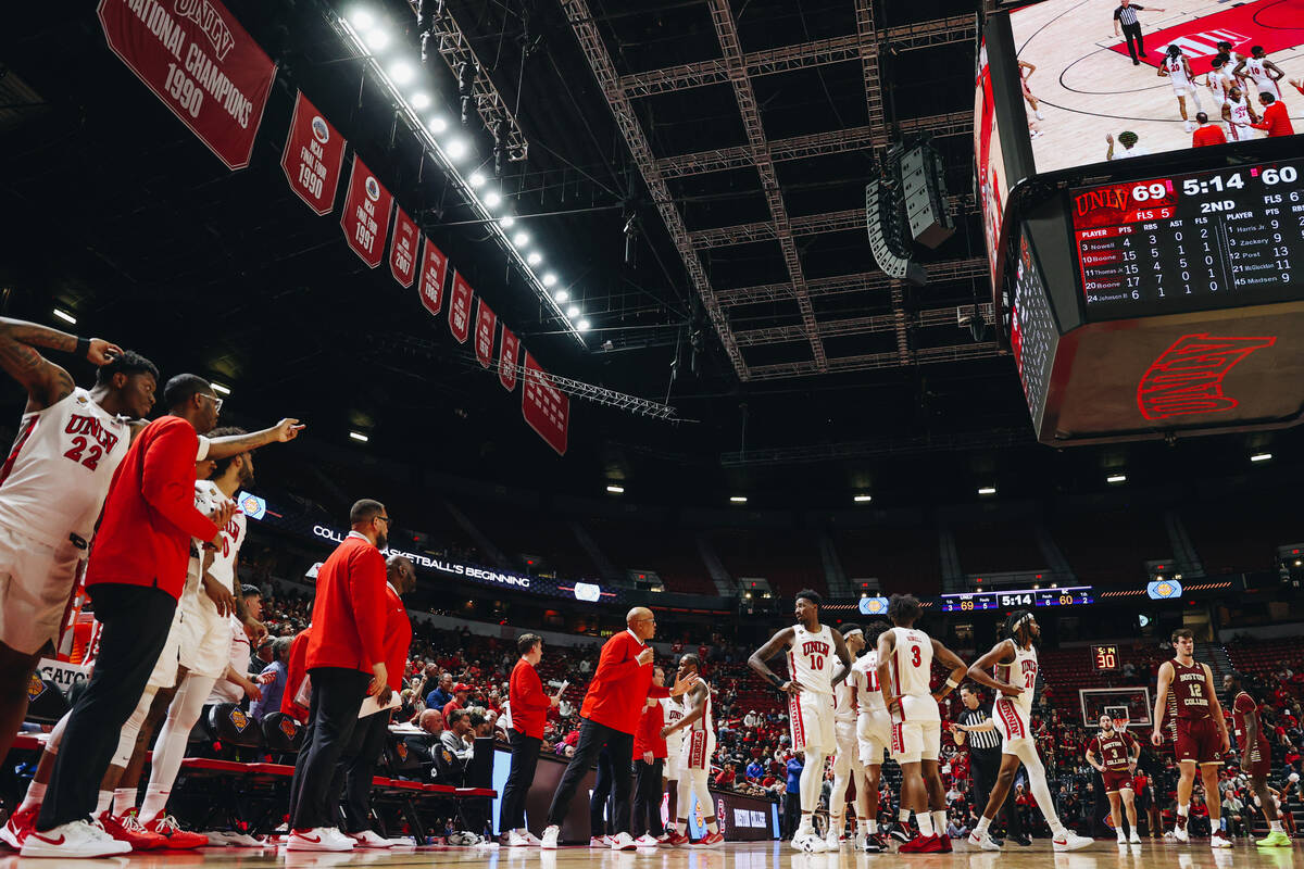 UNLV regroups during a time out during a second-round NIT game between Boston College and UNLV ...