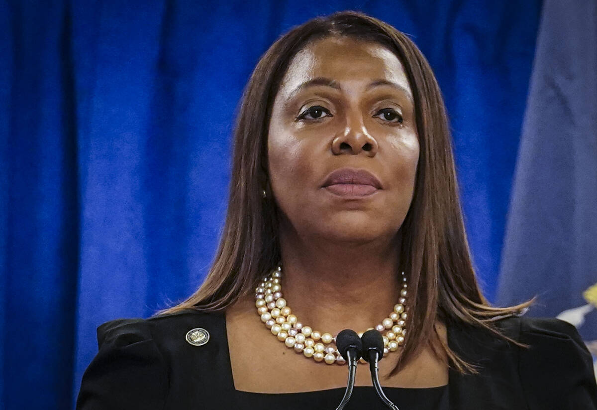 FILE - New York Attorney General Letitia James speaks during a press briefing, Feb. 16, 2024, i ...