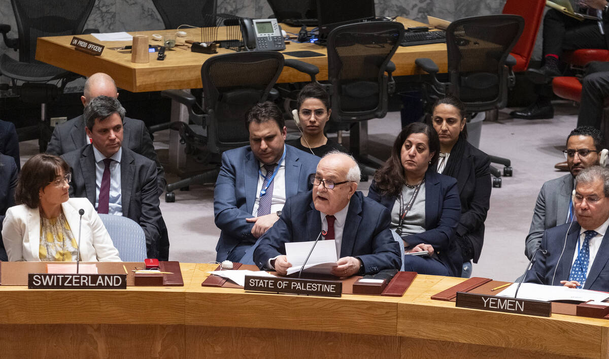 Palestinian Ambassador to the United Nations Riyad Mansour addresses United Nations Security Co ...