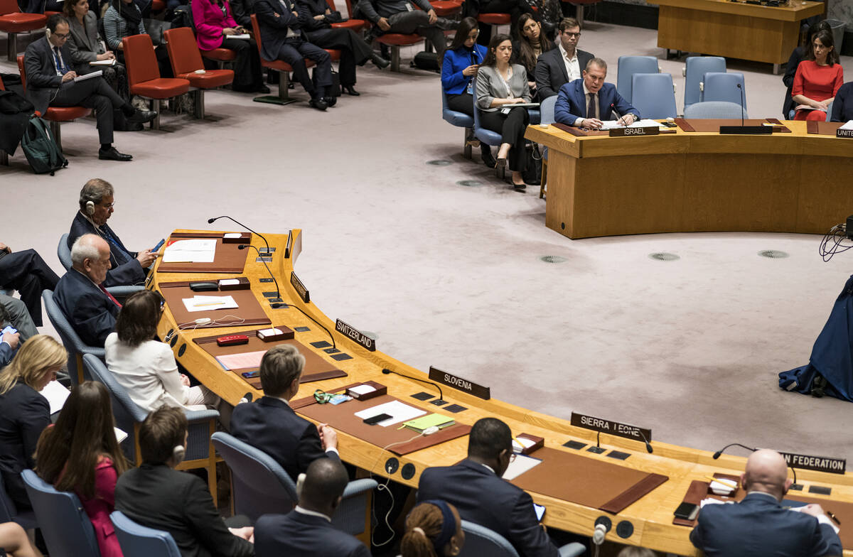 Gilad Erdan, Permanent Representative of Israel to the United Nations, top right, addresses the ...