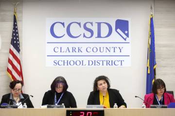 The Clark County Board of Trustees gathers for a school board meeting at CCSD’s Greer Ed ...