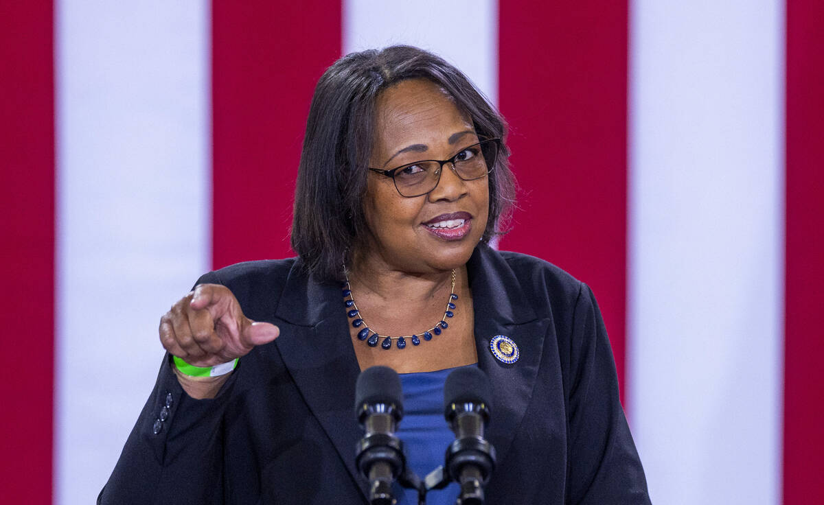 Assemblywoman Daniele Monroe-Moreno (D-NV) speaks during a Vice President Kamala Harris rally a ...