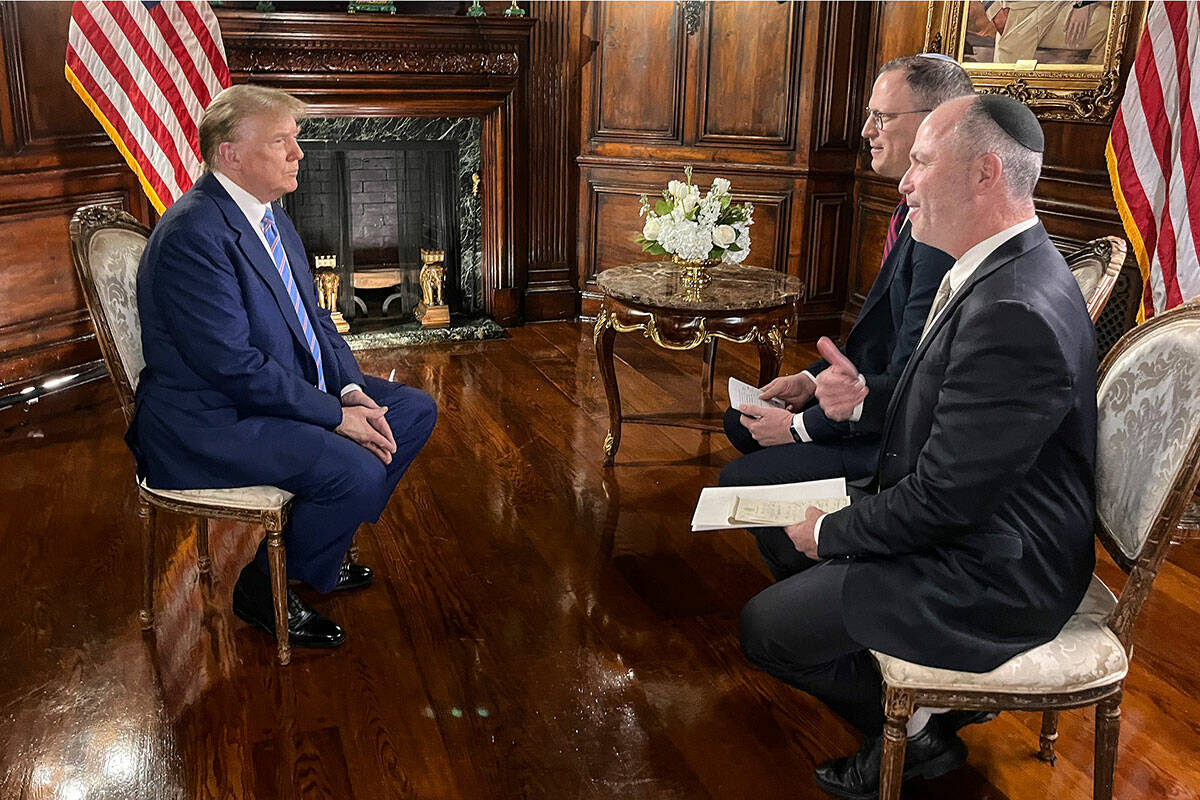 Former President Donald Trump in an interview with Israel Hayom. (Ami Shooman/Israel Hayom)