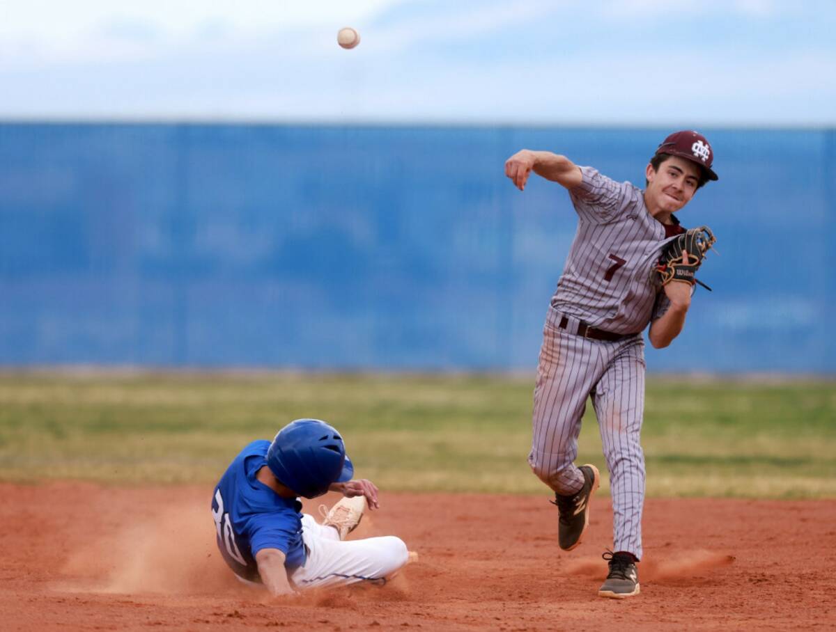 Cimarron-Memorial second baseman Kai Mares (7) throws to first after getting out Sierra Vista b ...