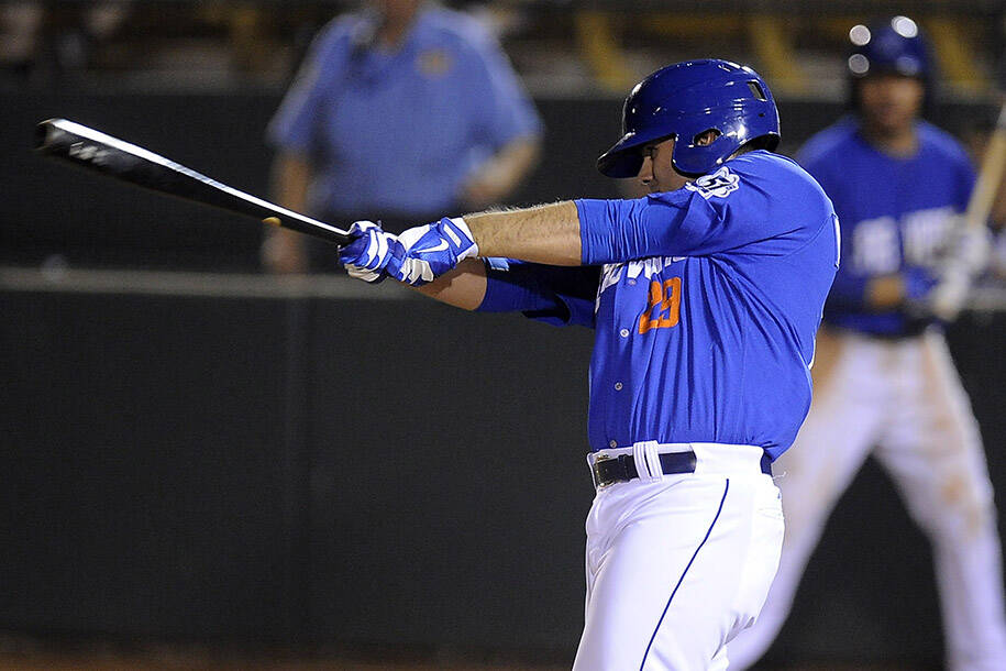 Las Vegas 51s pitcher Chasen Bradford fouls off a pitch in the sixth inning of a game against t ...