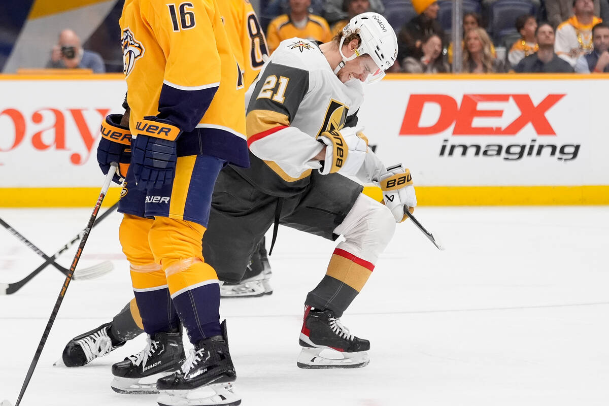 Vegas Golden Knights center Brett Howden (21) celebrates his goal during the first period of an ...