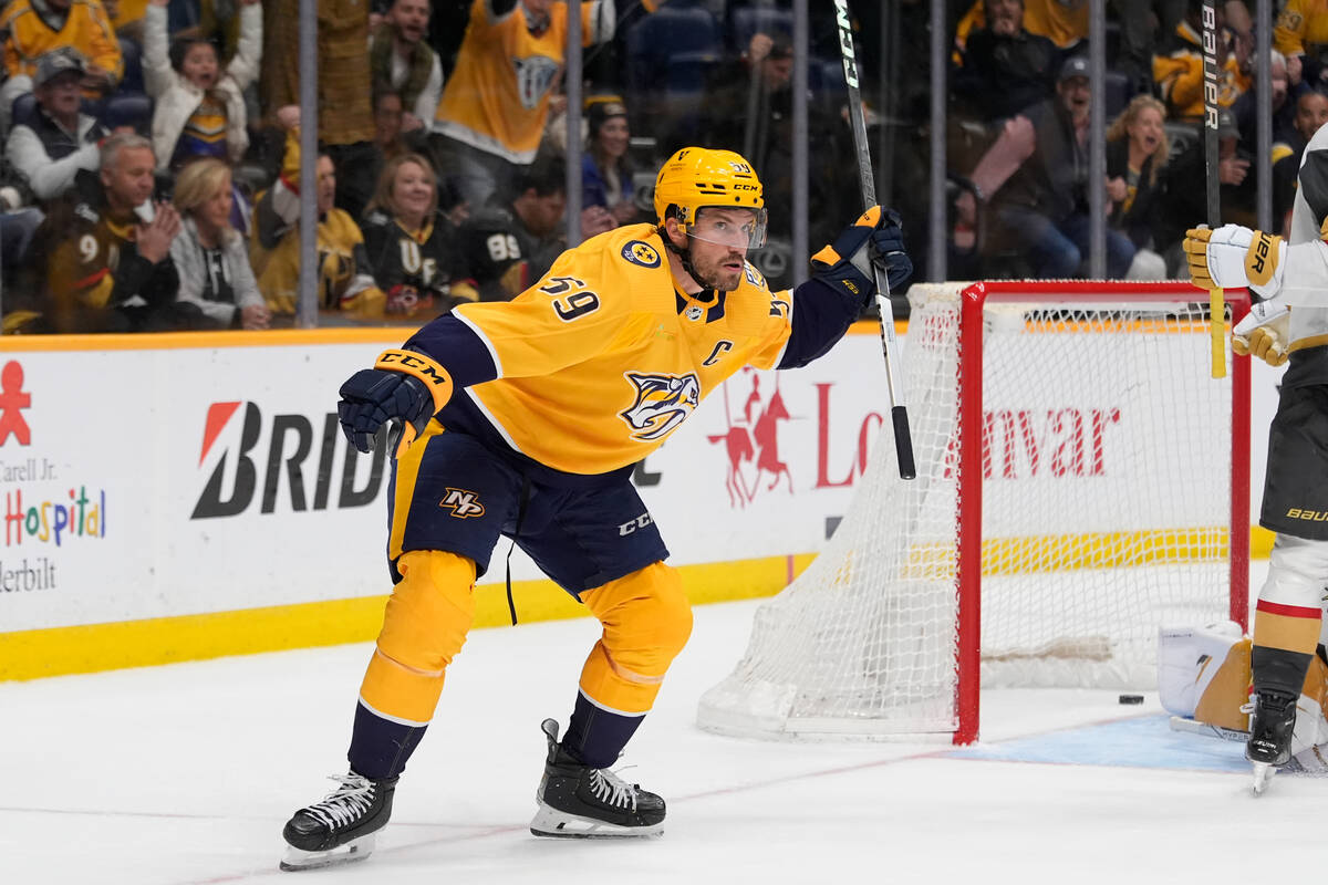 Nashville Predators defenseman Roman Josi (59) celebrates his game winning goal at the end of o ...