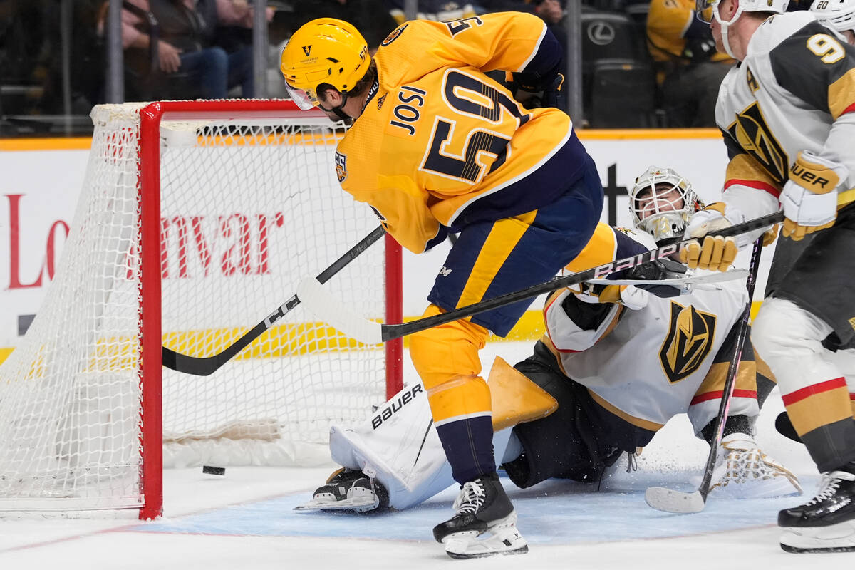 Nashville Predators defenseman Roman Josi (59) scores a goal past Vegas Golden Knights goaltend ...