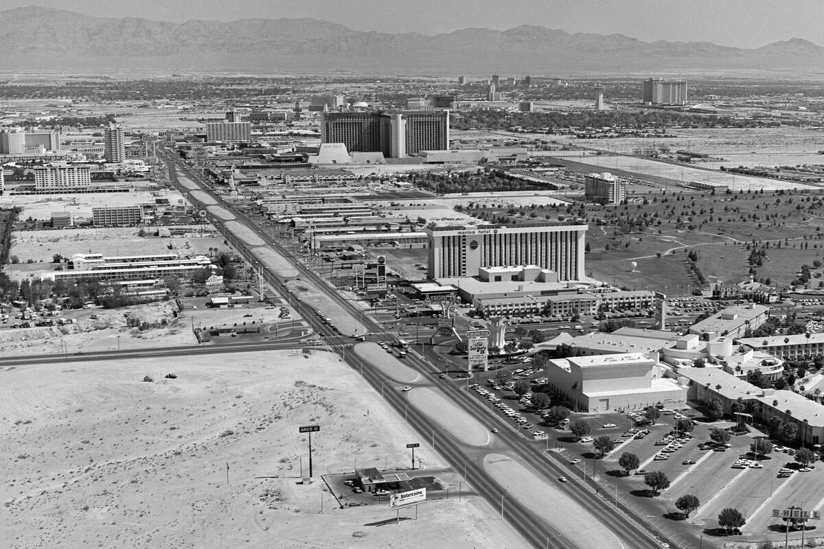 This is a view looking north along Las Vegas Boulevard May 2, 1975. Visible in the image are th ...