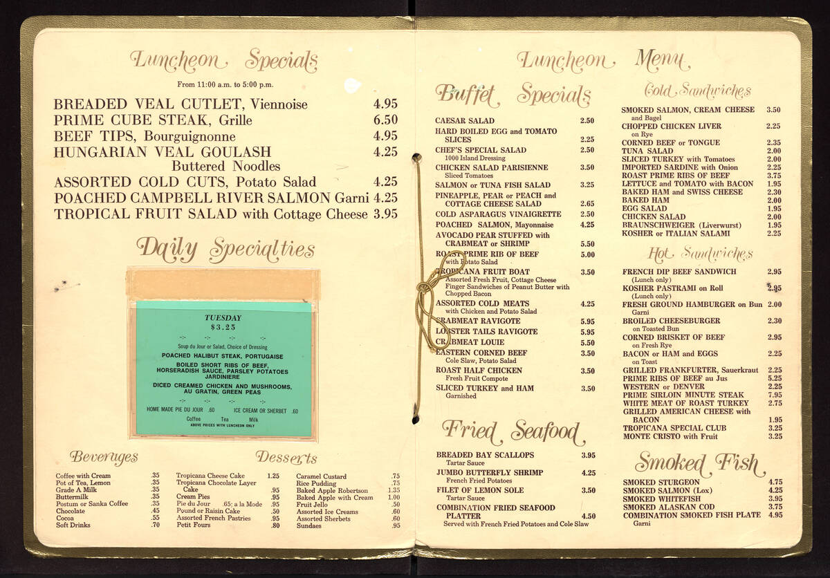 This is an undated, early-1960s menu from the Tropicana Hotel and Country Club. (Courtesy UNLV ...