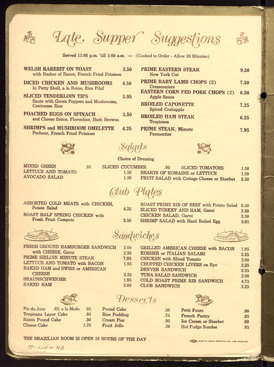 This is an undated, early-1960s menu from the Tropicana Hotel and Country Club. (Courtesy UNLV ...