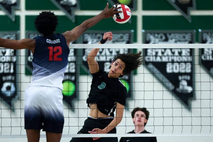 Palo Verde’s Tama Smeltzer (6) prepares to block a shot by Coronado’s Jayden Bell ...