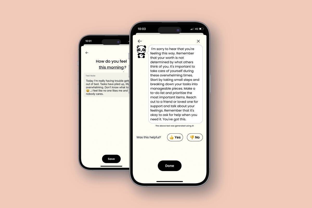 This image provided by Earkick in March 2024 shows the company's mental health chatbot on a sma ...