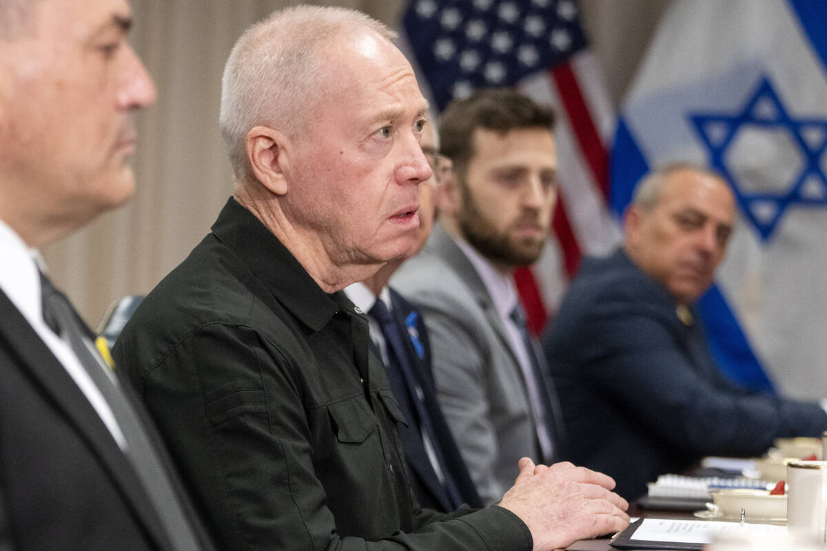 Israeli Defense Minister Yoav Gallant, second from left, meets with Defense Secretary Lloyd Aus ...