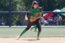 Palo Verde High's second baseman Taylor Johns throws to first for an out against Centennial Hig ...