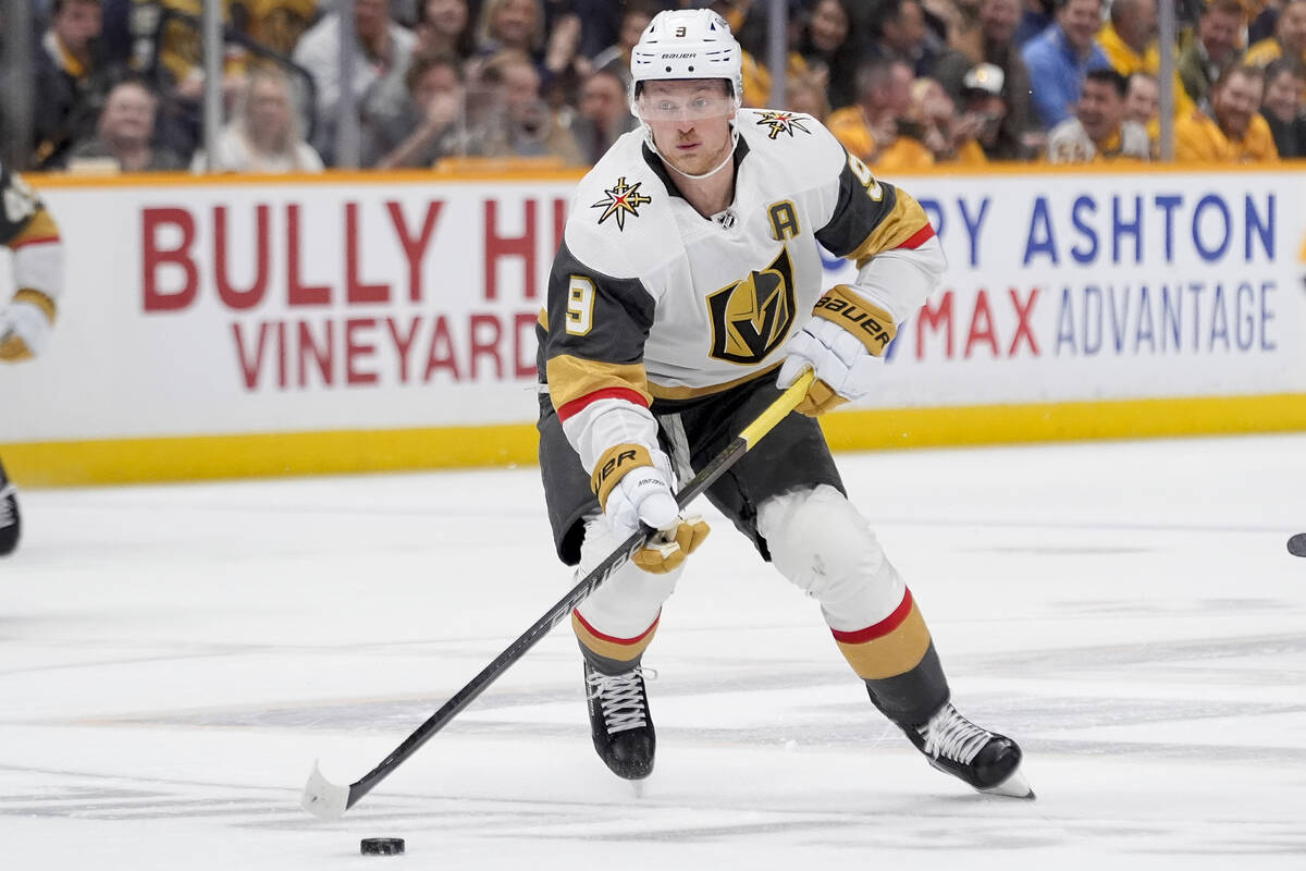 Vegas Golden Knights center Jack Eichel (9) plays during the first period of an NHL hockey game ...
