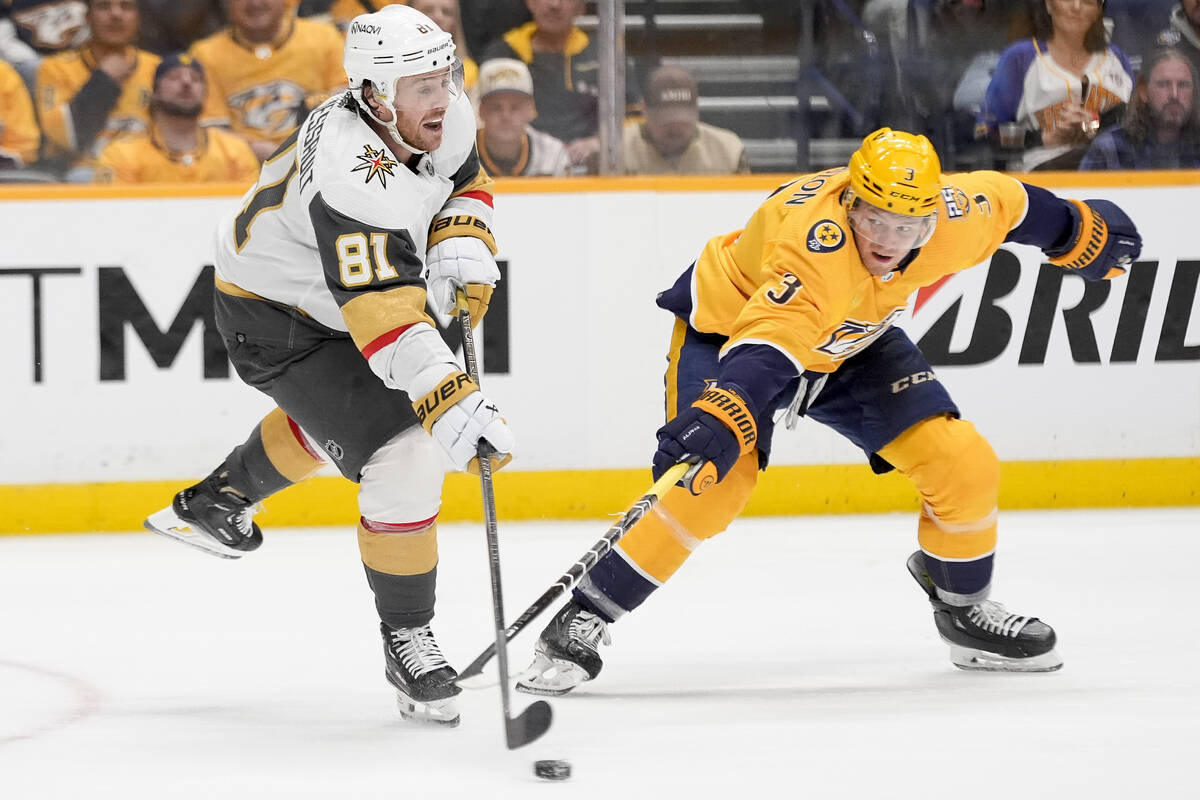 Vegas Golden Knights right wing Jonathan Marchessault (81) passes the puck past Nashville Preda ...