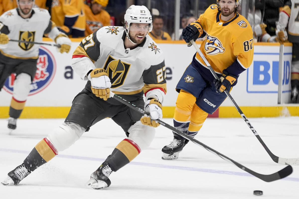 Vegas Golden Knights defenseman Shea Theodore (27) plays during the third period of an NHL hock ...