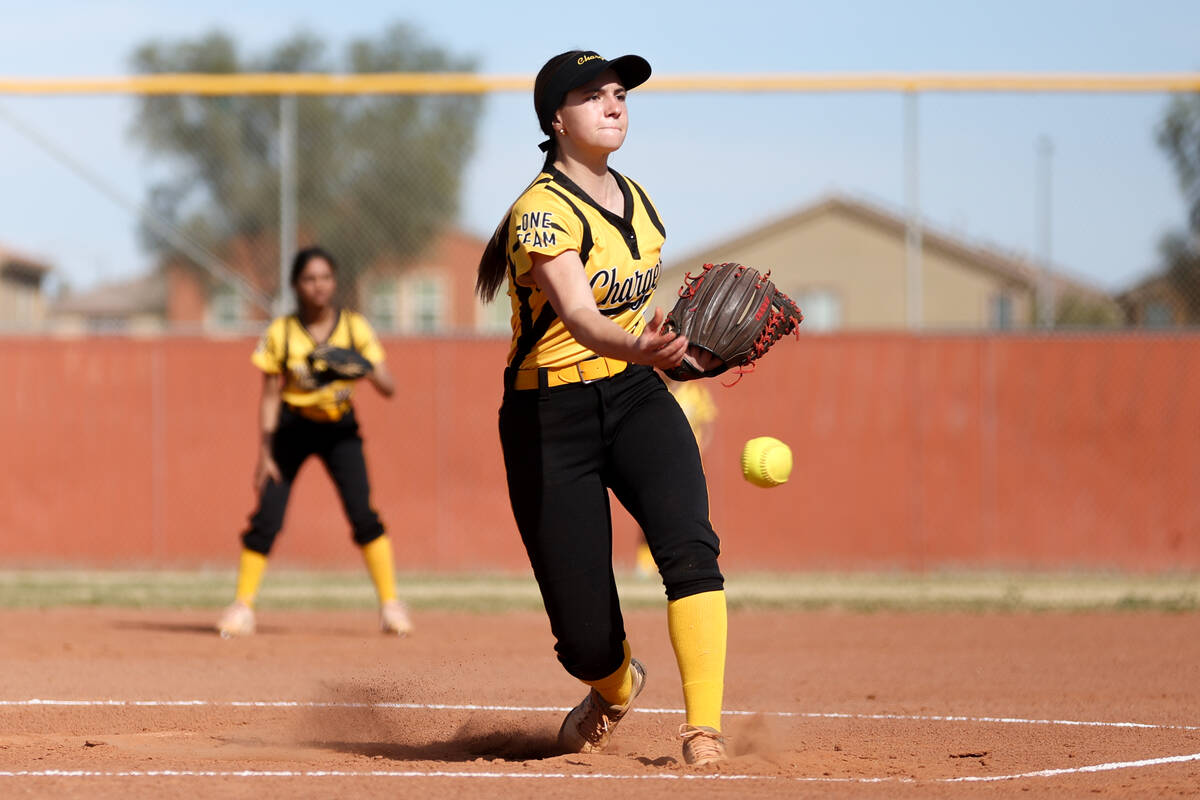 Clark pitcher Noel Gregorich throws to Legacy during a high school softball game at Legacy High ...