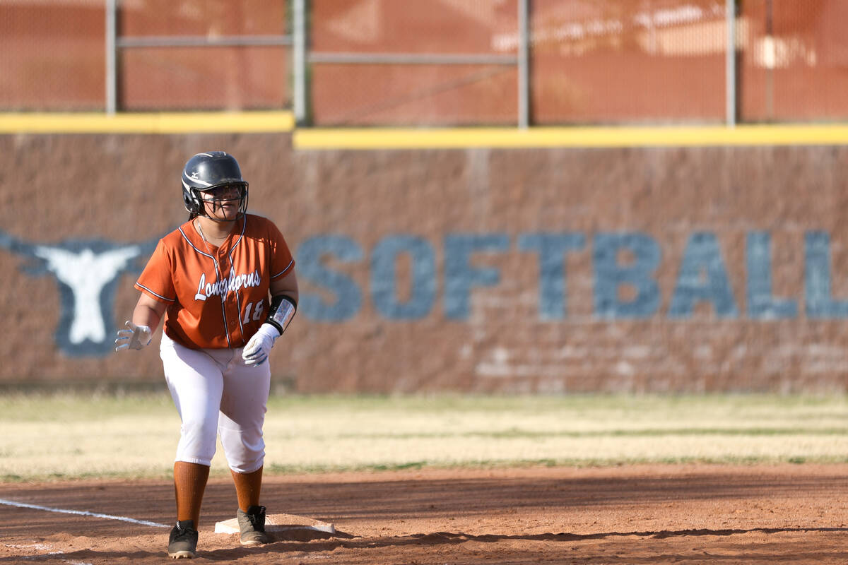 Legacy outfielder Nahara Gomez (18) prepares to run at third base during a high school softball ...