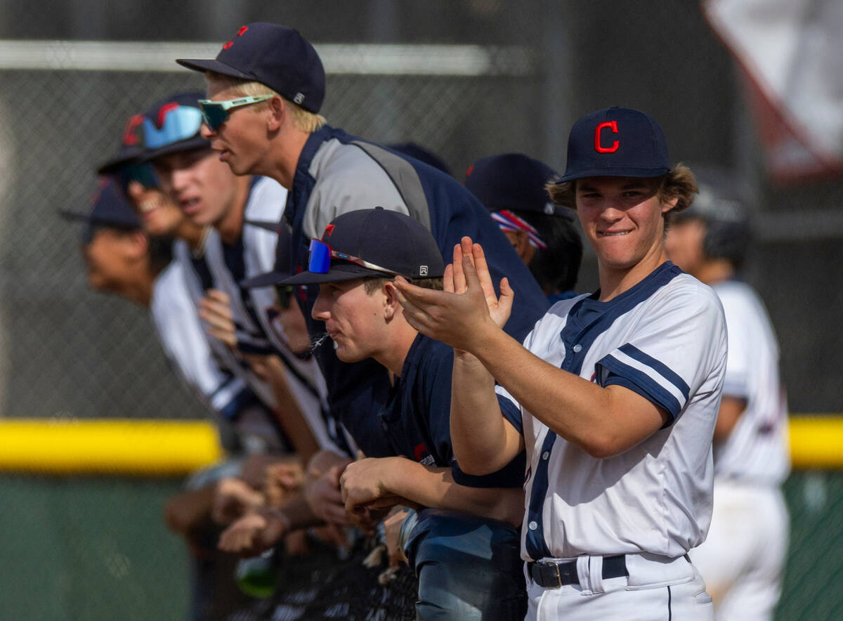 Coronado players chatter with their teammates against Desert Oasis during their NIAA baseball g ...