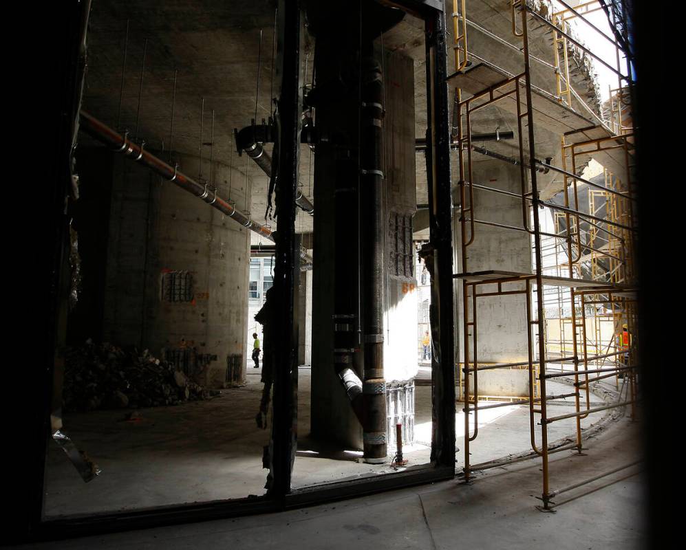 Workers are seen on the ground floor during the demolition of the Harmon Hotel at City Center i ...