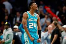 Charlotte Hornets forward Brandon Miller reacts to the team's win over the Cleveland Cavaliers ...