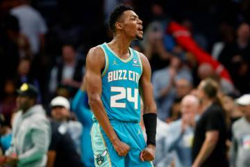 Charlotte Hornets forward Brandon Miller reacts to the team's win over the Cleveland Cavaliers ...